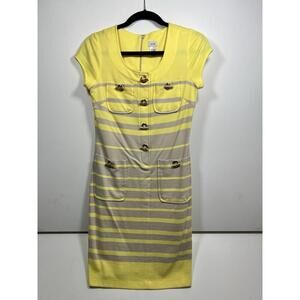 Cache Yellow & Tan Cap Sleeve Dress With Gold Buttons Sheath Y2K Sz 4